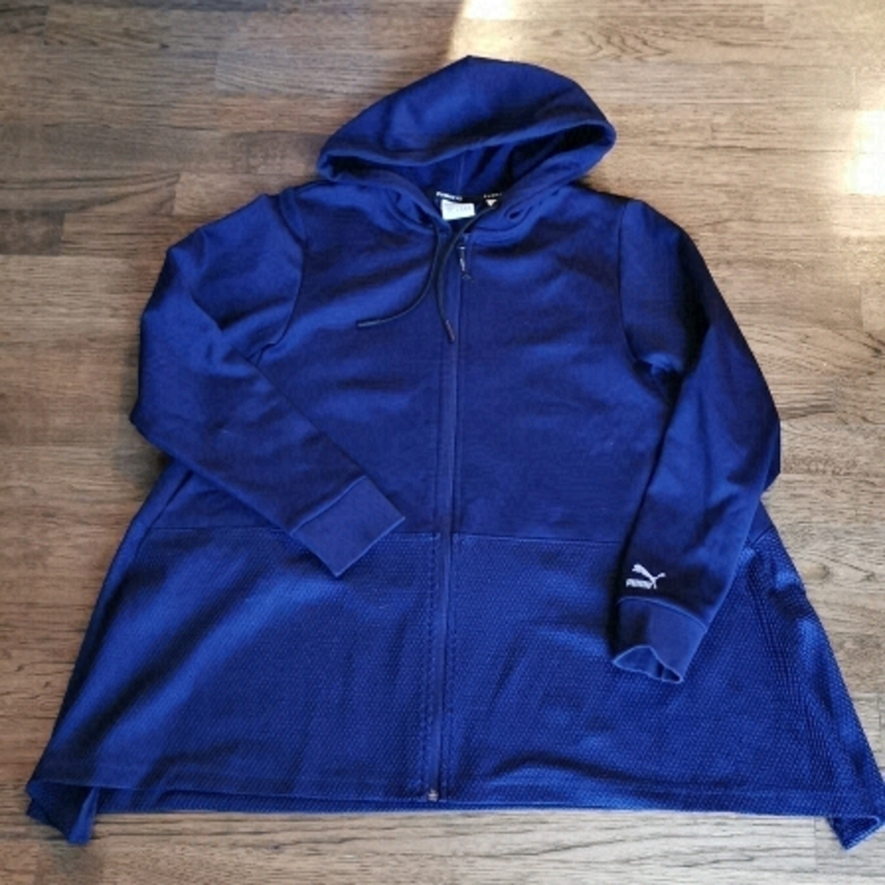 𝅺Puma Evo Drapy Full Zip Hooded Jacket Navy Blue Small